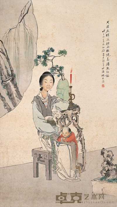 沈心海 戊子(1888年)作 教子图 轴 87×49cm